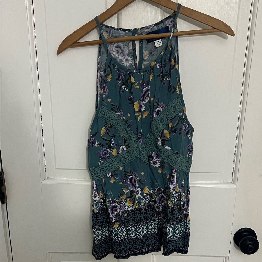 Blue Rain Teal Floral Lace Trim Blouse